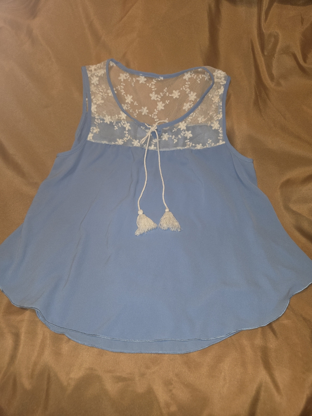 Light Blue Lace Yoke Sleeveless Women's Top